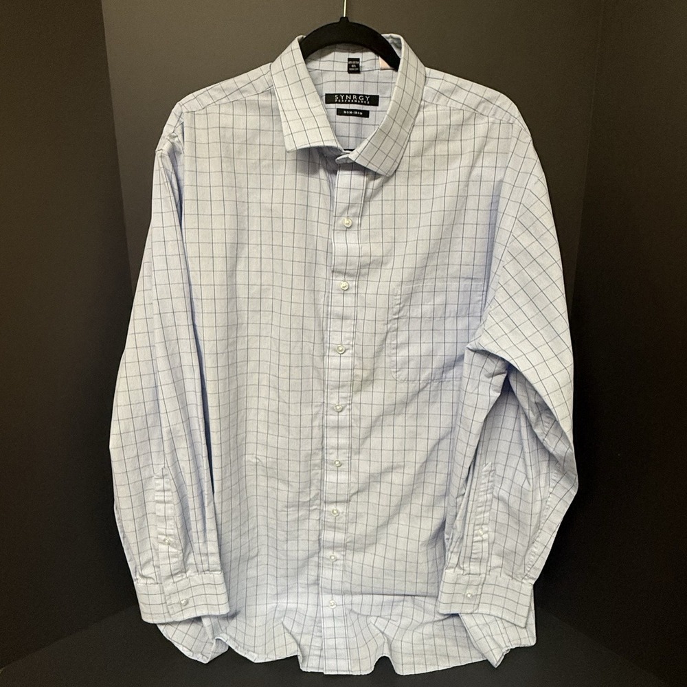 Synergy Performance Mens Dress Shirt 18 1/2 35/36 Long Sleeve Check Non Iron